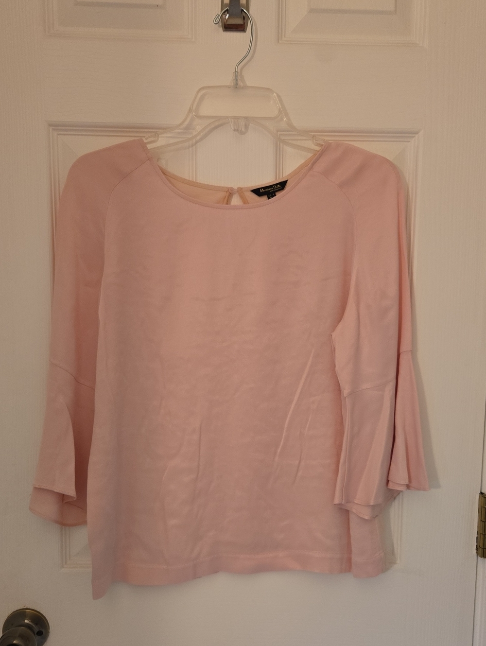 Women's Light Pink Bell-Sleeve Blouse with Back Keyhole Tie